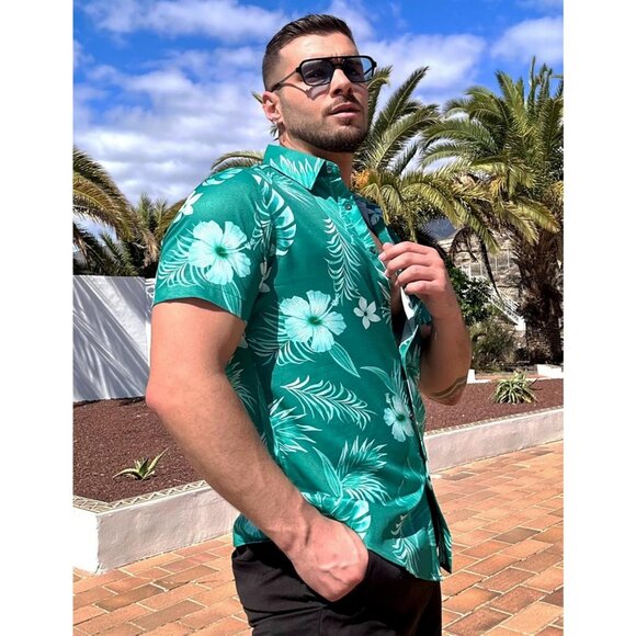 Tropical Green Hawaiian Shirt Men's Floral Print Short Sleeve Summer Beach Wear - Picture 3 of 6